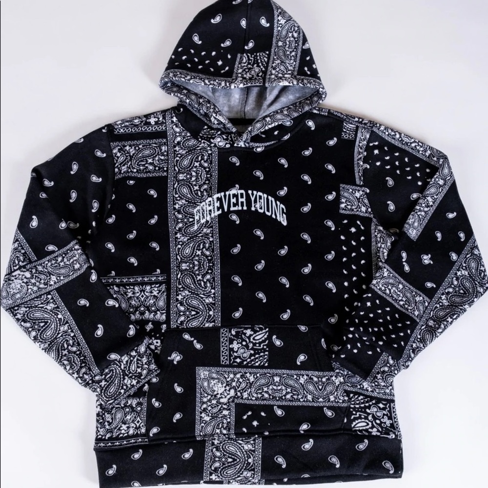 Kids Black Forever Young Print Bandana Hoodie BROOKLYN CLOTH Size Small